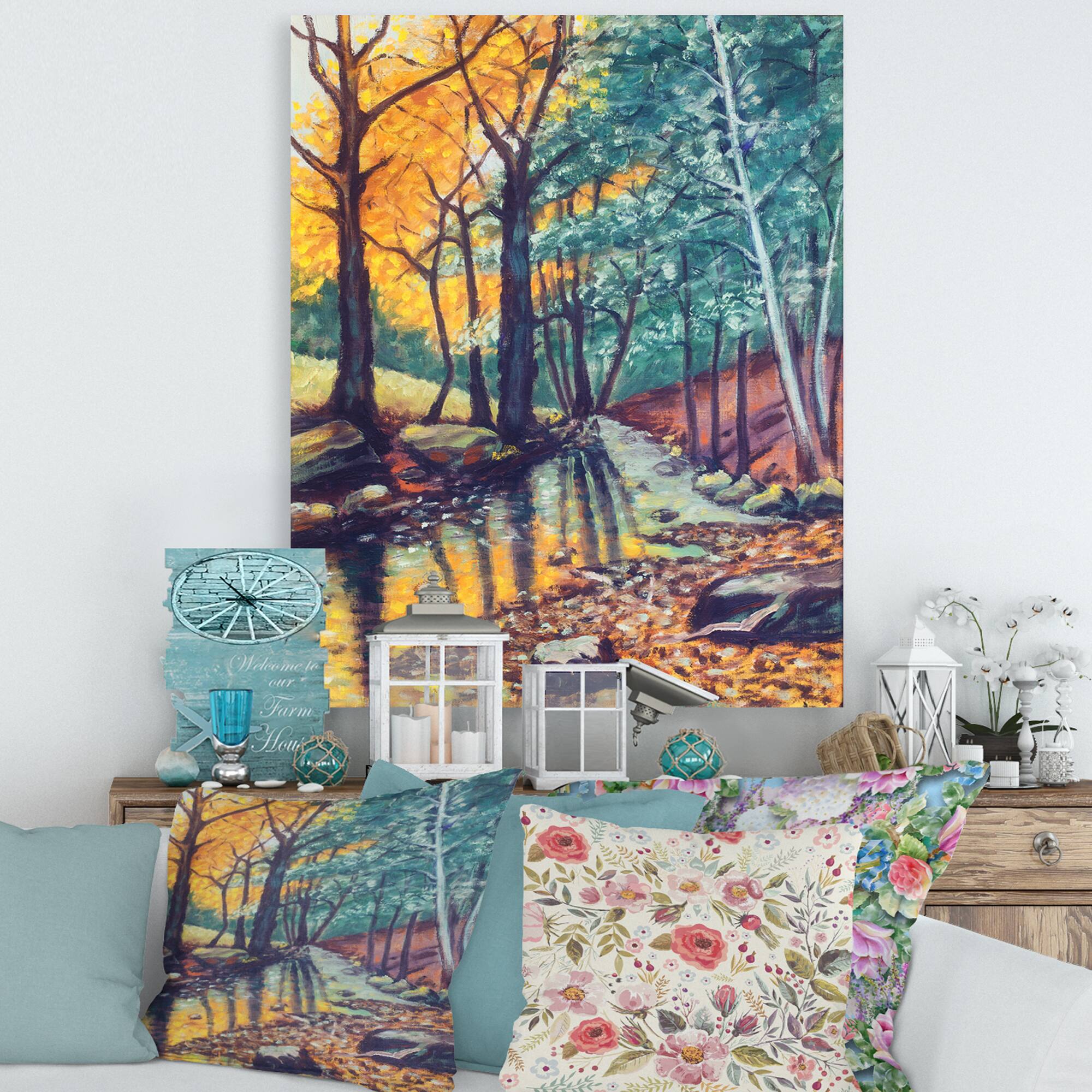 Designart - Landscape With River In Autumn Forest Sunset